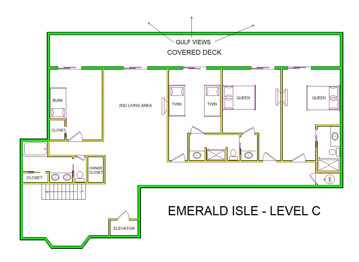A level C layout view of Sand `N Sea’s beachfront vacation rental in Galveston named Emerald Isle
